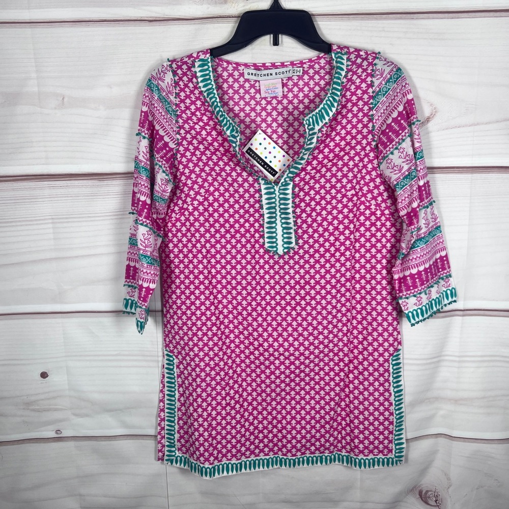 Gretchen Scott Tunic Top Women XS Pink White Geometric Beaded V-Neck Cotton